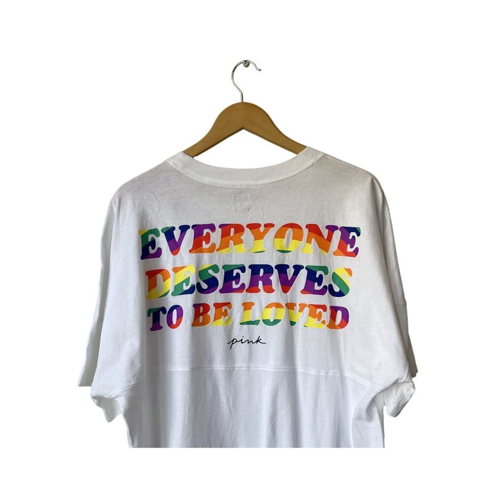 PINK Victoria's Secret Varsity Crew Pride Rainbow Tee Shirt Size L NEW Oversized - Picture 7 of 12